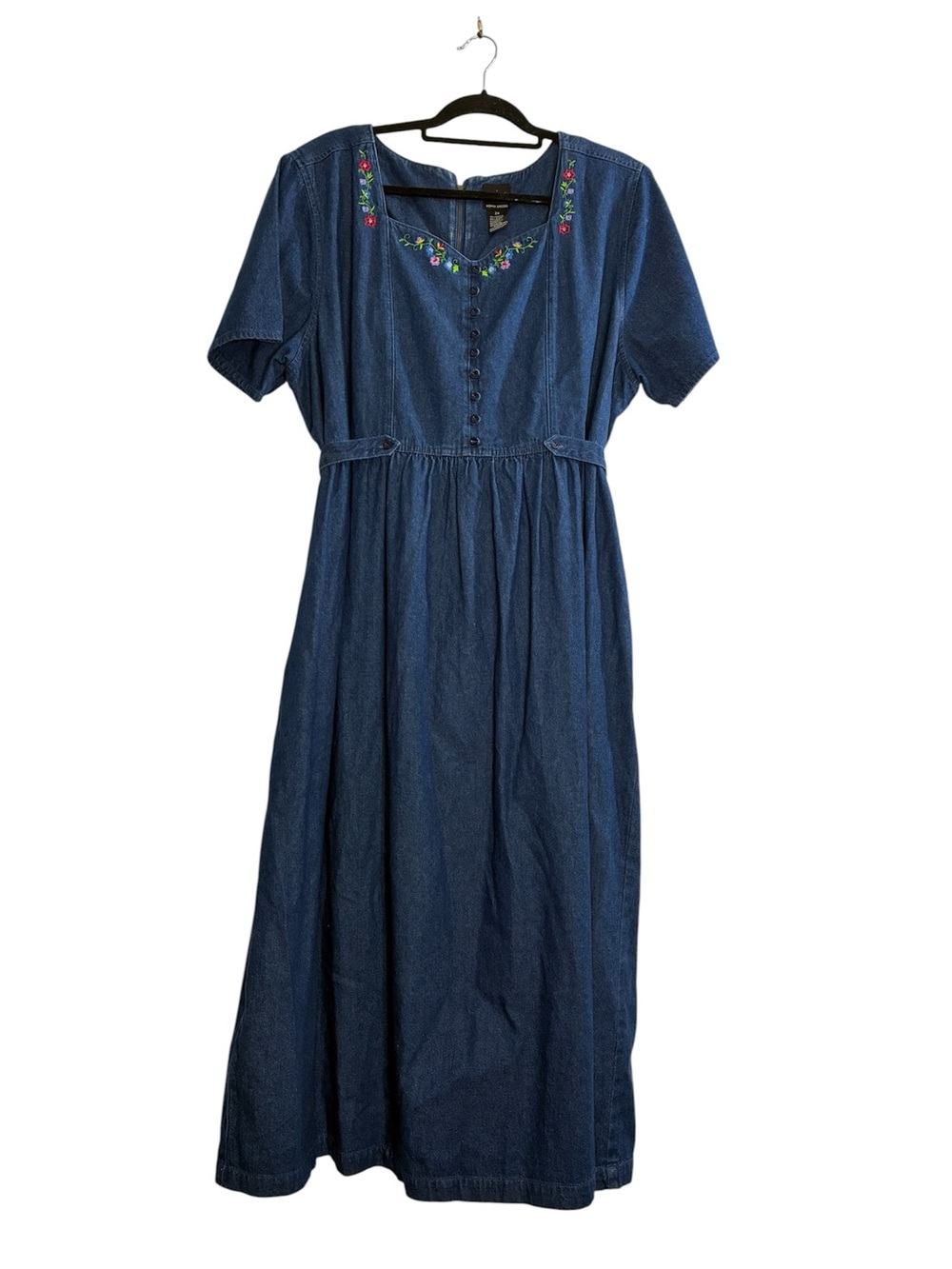 Erika Dark Blue Denim Maxi Dress with Floral Embroidery